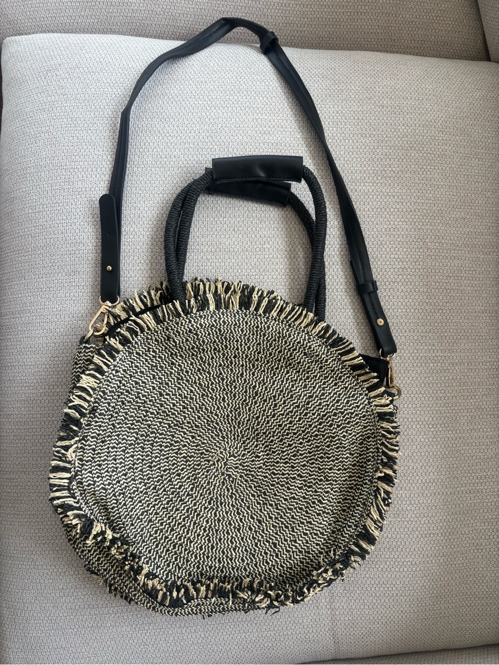 Woven Round Straw Tote Bag with Black Trim